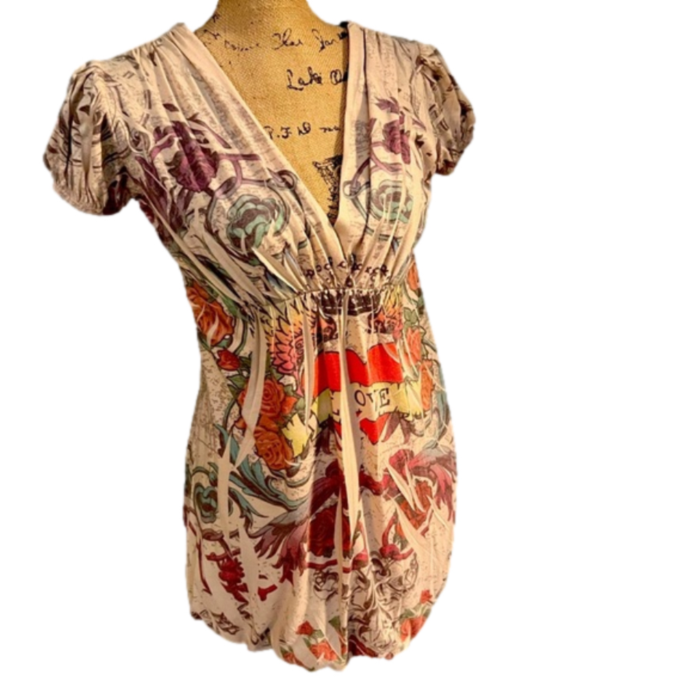 Julie’s Closet Wrap Front Multicolor Puff Sleeve Tunic Great Condition Size L
